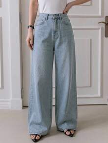 DAZY Women's Solid Color Loose Wide Leg Long Denim Pants Women Jeans - Light Wash - View 11