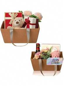 Gift Basket Tote Bag, Handles Kraft Paper Cardboard Tray, Gift Packaging, Suitable For Wedding Anniversary Party Displays - multicolor - View 1