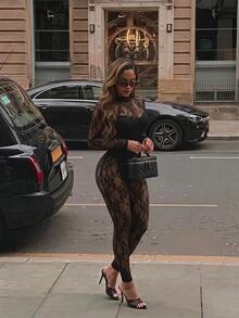Radiana Sexy einzigartiger transparenter Mesh-Patchwork-Jumpsuit, Spitzen-Patchwork-Jumpsuit, schwarzer enger Jumpsuit, hoch-elastischer Strick-Jumpsuit, geeignet für Alltag, Nacht, Nachtclub, Club, Bar, Nachtclub, Festival, Party, Karneval, Musikfestival, Konzert, Halloween - Schwarz - Übersicht 6