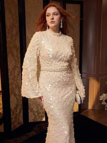 MOTF PREMIUM ELEGANT PLUS WOMEN'S MOCK NECK LONG FLARED SLEEVES MERMAID FORMAL DRESS FOR PROM,RED CARPET WEDDING - Apricot - View 3
