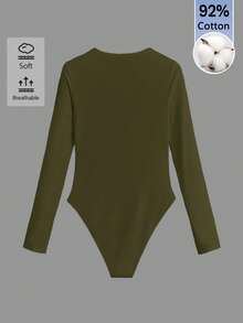 SHEIN BASICS 女款純色圓領休閒日常長袖連身衣 - 軍綠色 - 查看 2