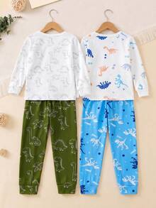 SHEIN 2件組 男童秋冬長袖長褲修身卡通可愛恐龍印花家居服套裝，適合日常舒適居家穿著 - 彩色 - 查看 3