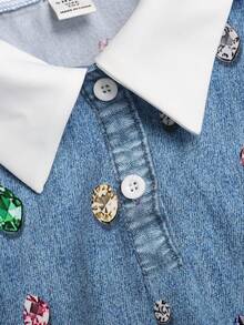SHEIN 兒童青少年女孩休閒配色 Polo 領修身寬鬆半 A 字洋裝，荷葉邊飾邊牛仔風印花藍色返校季穿搭洋裝 - 藍色 - 查看 8