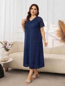 Lacomfia Plus Size Women's V-Neck Casual Elegant Daily Summer Knit Dress Cocktail Party Navy Blue - Navy Blue - View 5