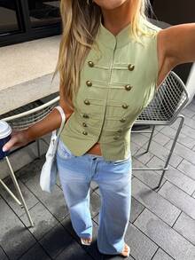 Aloruh Women's Sleeveless Stand Collar Napoleon Blazer - Green - View 8