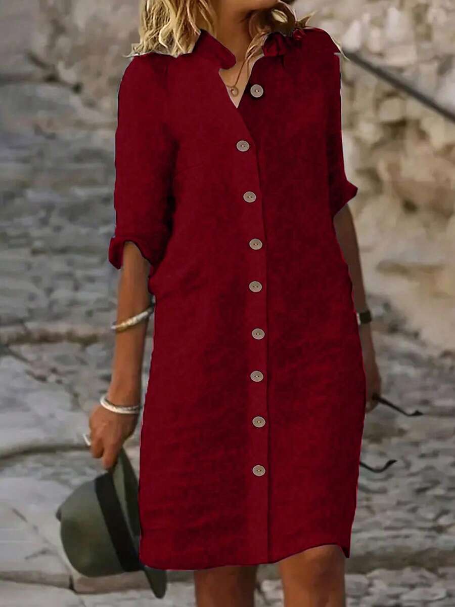 EMERY ROSE Gaun Liburan Kasual Wanita Warna Polos dengan Kancing Depan - Burgundy - View 1