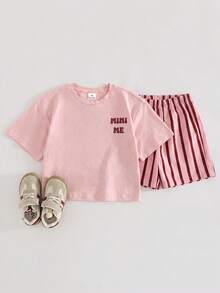 THE HAPPY LOOK Kids Young Girl Fruit Pattern Knitted Soft Crew Neck Short Sleeve Drop Shoulder Pullover Top & Striped Shorts 2pcs Set - Baby Pink - View 3