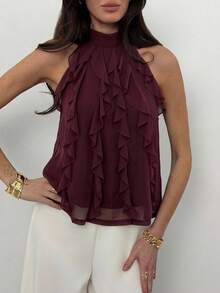 Aloruh Women's Solid Color Ruffle Halter Neck Top, Fashionable Versatile Daily Wear,Purple-Red Top,Teacher Outfits,Casual,Commuting,Work Tops,Summer,Office - Red Violet - View 7