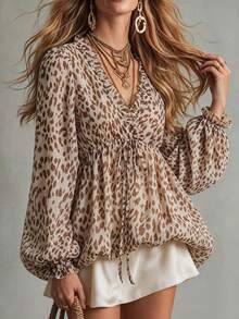 SHEIN Holidaya Women's Leopard Print Long-Sleeve Shirt With Ruffled V-Neck, Puff Sleeves, And Lantern Hem; Animal Print Shirt; Vintage, Sexy, And Elegant Top - Multicolor - View 3