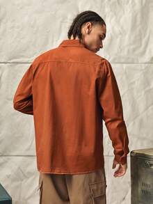 Norleigh 男士純色休閒羈扣襯衫，多口袋復古工裝風格，適合日常通勤，銹棕色，紐帶前襟，拼接設計 - 鏽棕色 - 查看 3