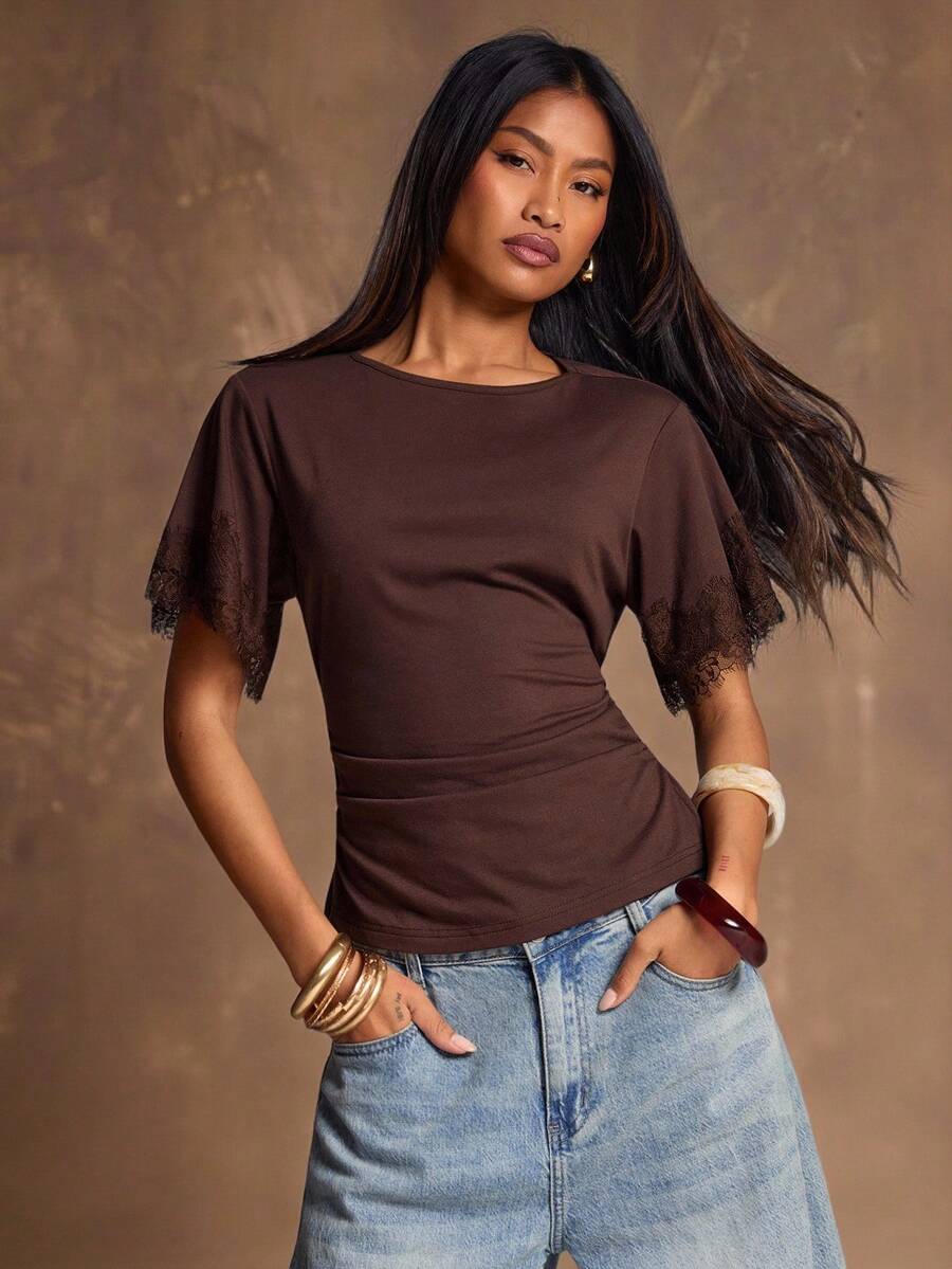 SHEIN BAE Atasan Wanita Lengan Pendek Leher Bulat Warna Cokelat Polos Musim Semi/Panas - Coklat - View 1