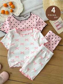 SHEIN LMoss Kids Conjunto de camiseta y pantalones cortos de punto con patrón de corazón y cuello con volantes para bebé niña - Multicolor - Ver 5