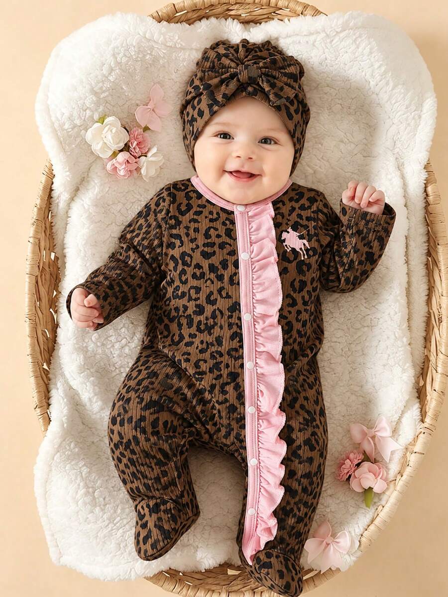 SHEIN 2件組新生兒春秋款棕黑粉拼色甜美女孩風全豹紋粉色荷葉邊前開襟長袖連身包屁衣，附配套蝴蝶結帽子，寬鬆直筒版型，適合日常外出、滿月宴、戶外散步、家庭聚會、拍照 - 棕色 - 查看 1