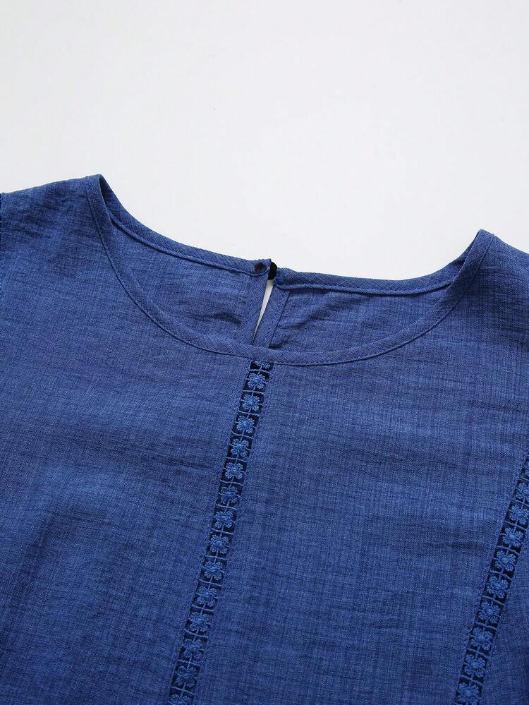 Linhara Plus Size Women's Round Neck Short Sleeve Contrast Lace Blouse - Blue - View 6