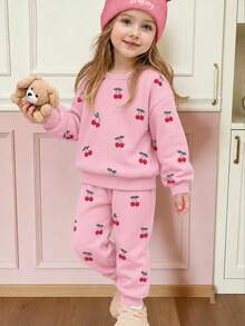 Young Girl Casual Minimalist Thick Soft Comfortable Crew Neck Pullover Sweatshirt And Jogger Pants 2-Piece Set, Suitable For Autumn/Winter - Multicolor - View 5