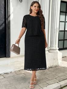Miaspire Plus Size Women's Summer Elegant Casual Lace Blouse And Skirt 2-Piece Set, Black - Black - View 1