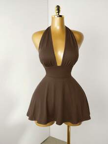 Mistrie Black Tight-Fitting Romper With Deep V-Neck, Backless Strap - Brown - View 6