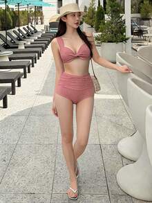 DAZY Set Bikini 2 Potong Warna Polos untuk Liburan di Pantai - Berwarna merah muda - View 6