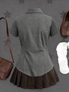 Sunspun Plus Size Spring/Summer Asymmetrical Collar Short Sleeve Plaid Shirt - Multicolor - View 2