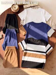 3 SET ACAK KIRIM 1 SET Kaos Lengan Pendek Leher Bulat Kasual Seri Pony Fashion Anak Laki-laki dengan Cetakan Grafis dan Celana Pendek Garis-garis Blok Warna, Sederhana, Serbaguna untuk Pemakaian Sehari-hari - MultiWarna - View 2