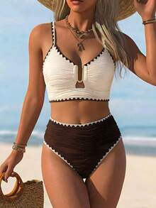 Swim Lushoire Set Baju Renang Wanita untuk Liburan dengan Gesper Logam Bertekstur dan Bordir Motif Kerang, Atasan Tank Top dan Bawahan Bikini Segitiga - MultiWarna - View 4