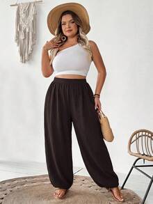 SHEIN CURVE+ Plus Size Minimalist Soft Form Elegant Casual Solid Color Loose Fit Textured Pants With Pockets Autumn Dates Office Brunch Formal Vacation Brown - Brown - View 5