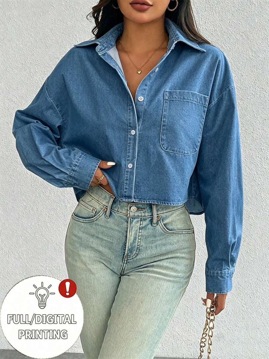 SHEIN 女款單排扣休閒百搭日常長袖襯衫 - 藍色 - 查看 1