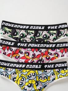 THE POWERPUFF GIRLS X SHEIN Women's Letter Print All-Over Casual Daily Thong Panties - Black - View 3