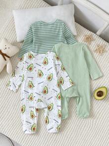SHEIN 3pcs/Set All Season Green Series Cute Avocado Newborn Long Sleeve Footed Jumpsuits, Comfortable Soft Home Wear, Best Gift For Newborns - Green - View 2