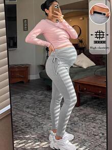 SHEIN Grey Maternity Leggings With Adjustable Side-Drawstring Waist – Suitable For Casual Wear  Fall   Sports   Gym   Airport Outfit Women - Grey - View 1