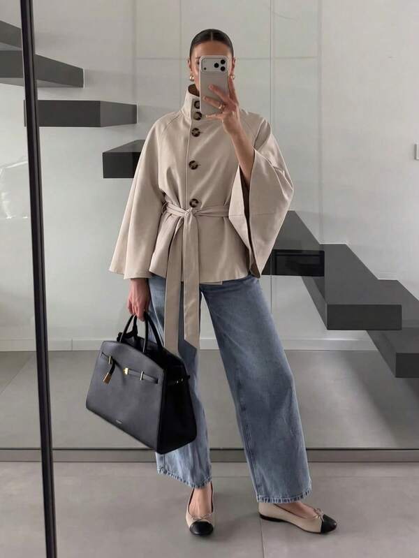 Siren Gaze Autumn New Women Fashionable Short Shawl Coat With Stand Collar And Button Detailing With Belt, Street Cape Shawl Trench Coat, Khaki