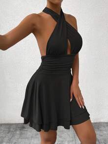 Femesol Women's Simple Solid Color Sleeveless Backless Mini Dress With Neck Strap Halloween - Black - View 5