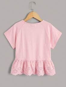 Tween女孩粉色袖子刺繡荷葉邊下擺T恤，適合度假、外出、休閒穿著，粉色蕾絲下擺休閒T恤 - 粉色 - 查看 2