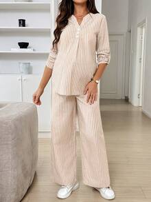 SHEIN Ensemble 2 pièces de maternité avec chemise à rayures à demi-patte boutonnée et pantalon long à taille ajustable pour l'automne - Nude - Voir 5
