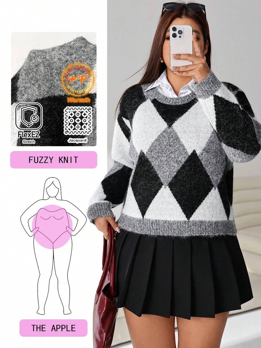 Solflare Plus Size Women's Diamond Pattern Crew Neck Long Sleeve Casual Pullover Sweater