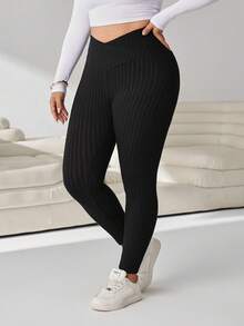 Solflare Plus Size Autumn/Winter Casual Versatile Solid Color Leggings - Black - View 7