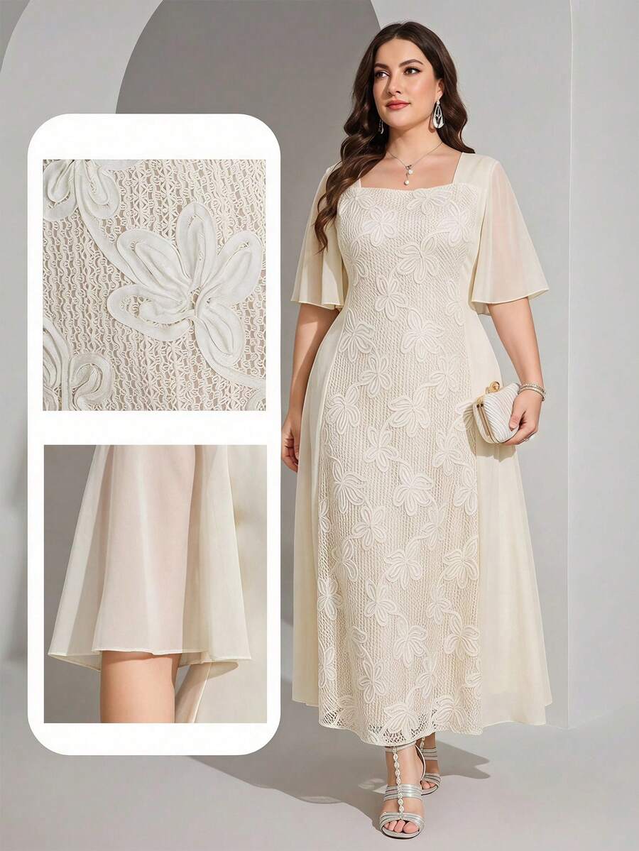 Reflora Plus Size Women Square Neck Jacquard Casual Party Summer Dress - Apricot - View 1