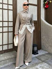 Celisse Women's Elegant 2 Pieces Set With Contrast Lace Striped Long Sleeve Shirt And Pants - Grey - View 3