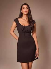 Lazeform Women's Solid Color Square Neck Tie-Front Knitted Textured Fitted A-Line Lounge Sleep Dress Holiday Lounge Dark Brown Summer Casual - Chocolate Brown - View 1