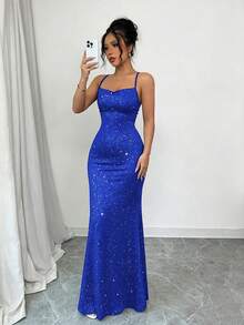 Elenzga Đầm dự tiệc lấp lánh dây mảnh thiết kế băng đô cho nữ - Xanh đậm - Xem 6