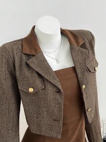 Elamini Women's Elegant Pleated Bandeau Dress And Button Cropped Long Sleeve Blazer Suit Set - Brown - View 1