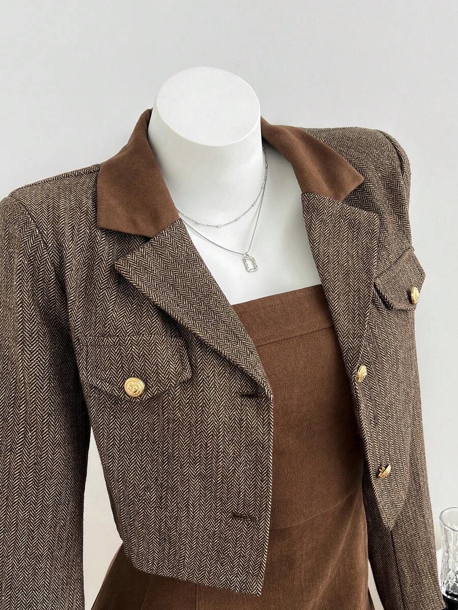 Elamini Women's Elegant Pleated Bandeau Dress And Button Cropped Long Sleeve Blazer Suit Set - Brown - View 1