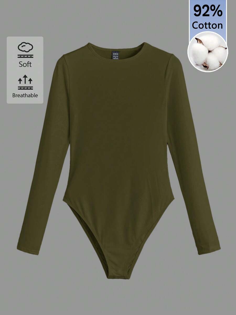 SHEIN BASICS 女款純色圓領休閒日常長袖連身衣 - 軍綠色 - 查看 1