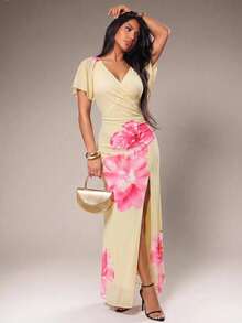 Radiana Women's Floral Print V-Neck Pleated Slit Design Casual Tropical Elegant Party Vacation Long Dress Pink Floral Summer - Pale Yellow - View 2