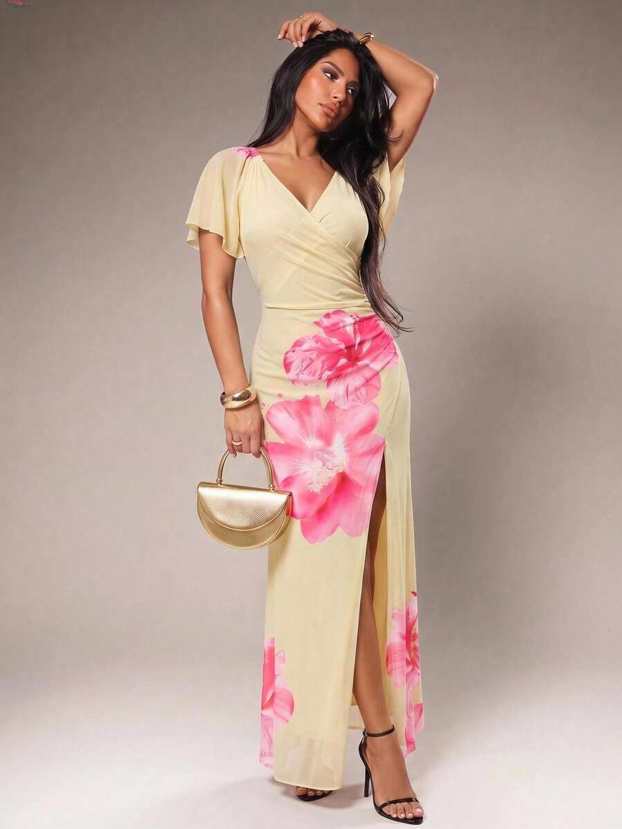 Radiana Women's Floral Print V-Neck Pleated Slit Design Casual Tropical Elegant Party Vacation Long Dress Pink Floral Summer