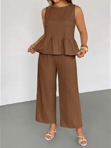 Auralis Spring/Summer Casual Comfortable Green Plaid Sleeveless Pullover Top With Ruffle Hem & Wide Leg Pants With Pockets And Elastic Waistband Plus Size 2-Piece Set/Vintage Academic Back To School Outfit/Casual/Vacation/Outing/Plus Size Set/Suit Set - Brown - View 7