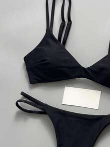 Swim Vcay Women's Solid Color Double Strap Bikini Set, Spring/Summer - Black - View 5