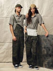 Norleigh Men's Casual Cargo Camo Bib Overalls With Multiple Pockets, Street Style Camo Overalls Men, Army Green, Button, Drawstring, Denim, Loose Fit - Army Green - View 2
