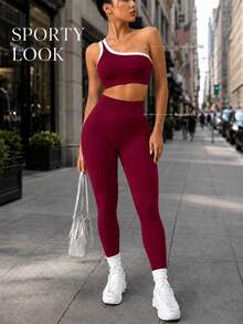 Dewbera Dewbera Women's Seamless One Shoulder Yoga Racerback Tank Top & Lifting High Stretch Legging 2pcs Workout Set,White And Burgundy,Summer,Athleisure,Gym - Burgundy - View 7