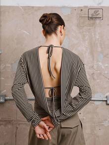 COUREZ Women Open Back Long Sleeve Top In Stripe Y2K Fall Autumn Going Out Top Summer - Multicolor - View 1